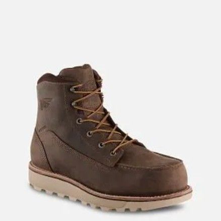 Brown leather hiking boot with tan laces and thick beige sole, shown on a white background