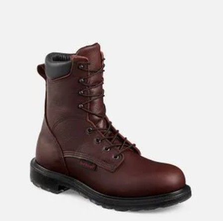 Brown leather lace-up work boot with black sole, shown on a white background