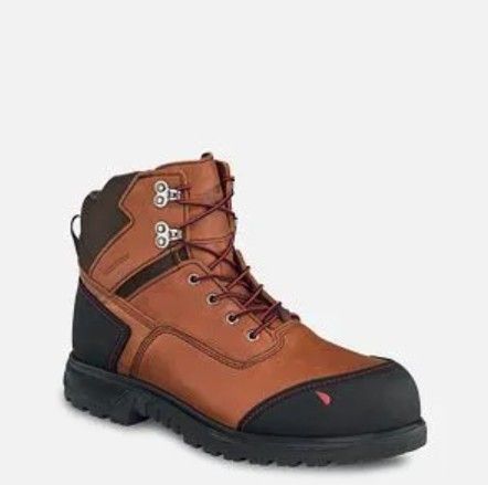 Brown and black work boot with metal eyelets and lace-up front on a white background