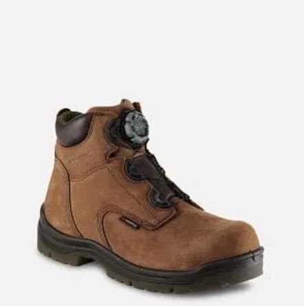 Brown leather hiking boot with black sole and lace-up closure on a white background