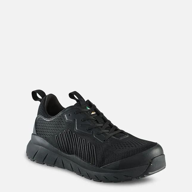 Black athletic sneaker with textured knit upper and thick rubber sole on a white background