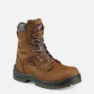 Brown lace-up work boot with black sole, shown in profile on a white background