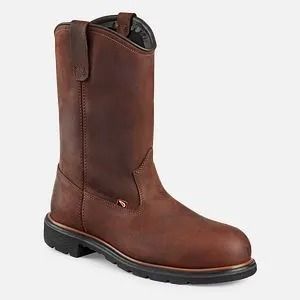 Brown leather pull-on work boot with black sole on a white background