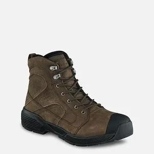 Brown hiking boot with black rubber toe and sole on a white background