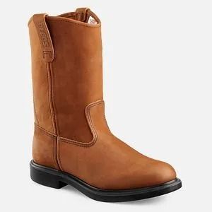 Tan leather cowboy boot with black sole, shown on a white background