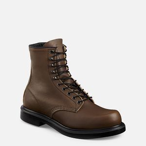 Brown leather lace-up boot with black sole on a white background