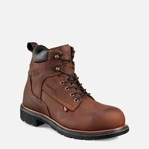 Brown leather lace-up work boot with black sole on a white background