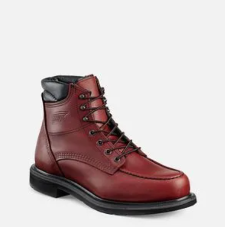 Red leather lace-up ankle boot with black sole on a white background