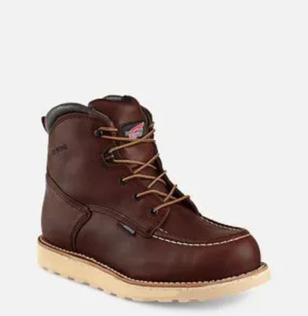 Brown leather work boot with tan sole and laces, side profile on a white background