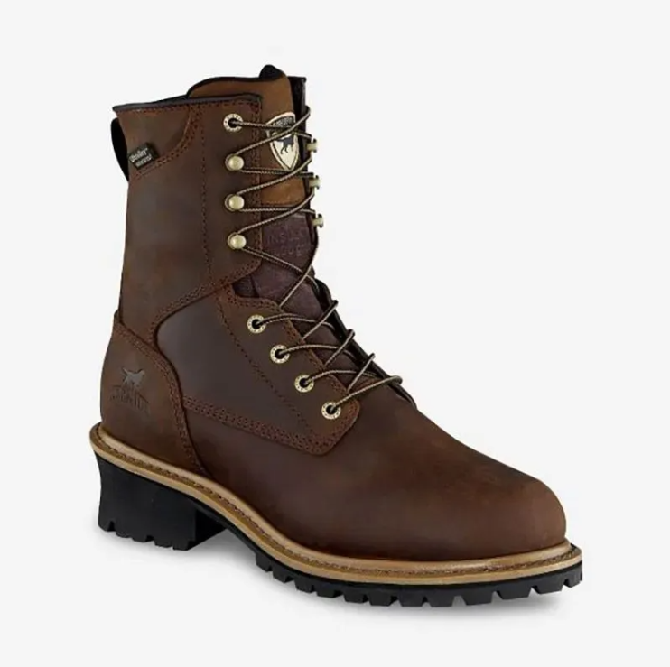 Brown leather lace-up work boot with black sole and metal eyelets, shown on a white background