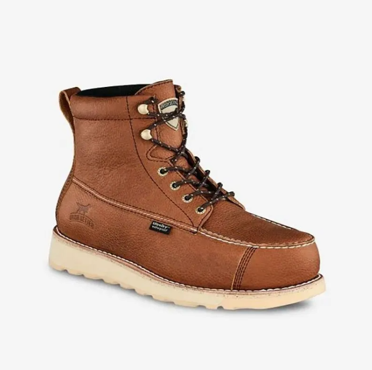 Brown leather work boot with cream sole and lace-up front on a white background
