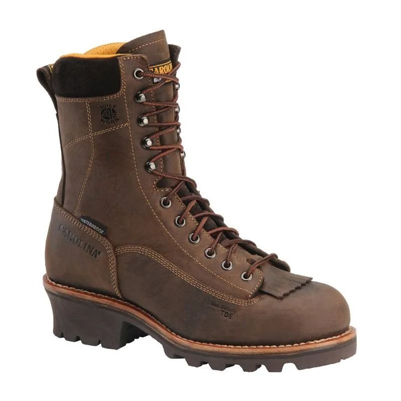 Brown leather lace-up work boot with thick treaded sole and padded collar