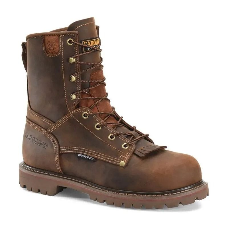Brown leather lace-up work boot with a thick lug sole on a white background