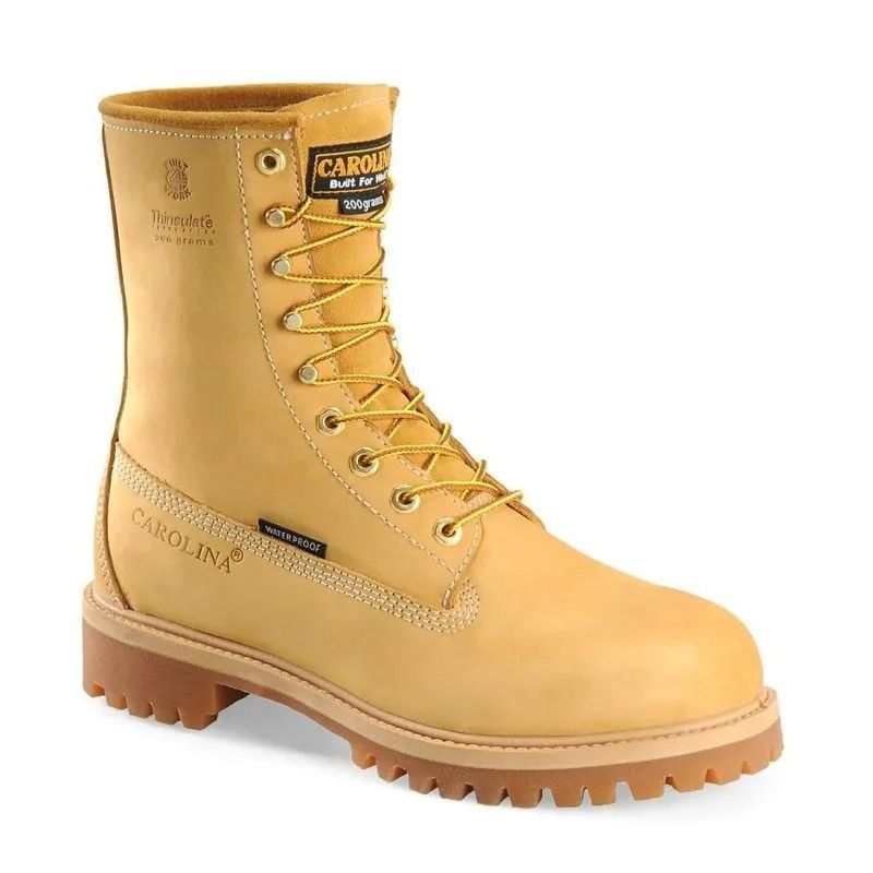 Tan work boot with tan laces and brown rubber sole, shown on a white background