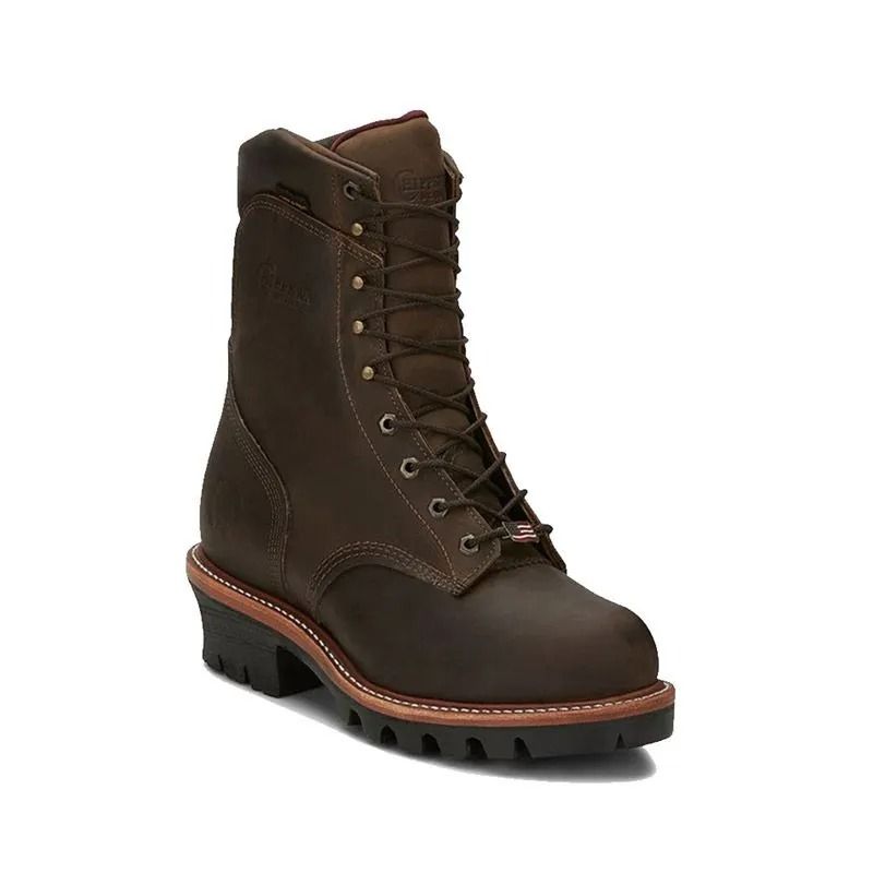 Brown leather lace-up work boot with black sole and orange stitching, shown on a white background