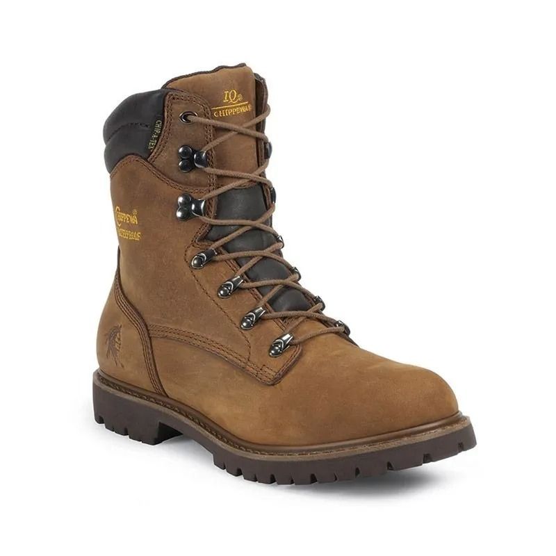 Brown lace-up work boot with black padded collar and rugged sole