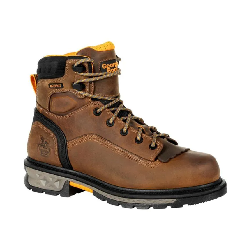 Brown and black leather work boot with yellow lining and rugged gray sole