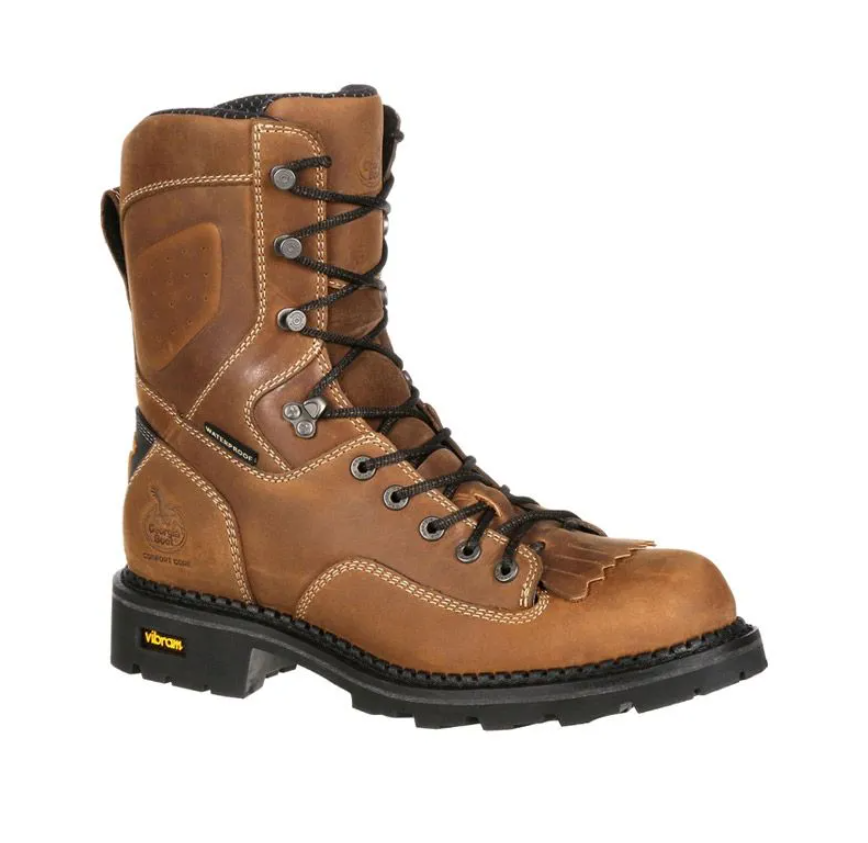 Brown leather lace-up work boot with black sole on a white background