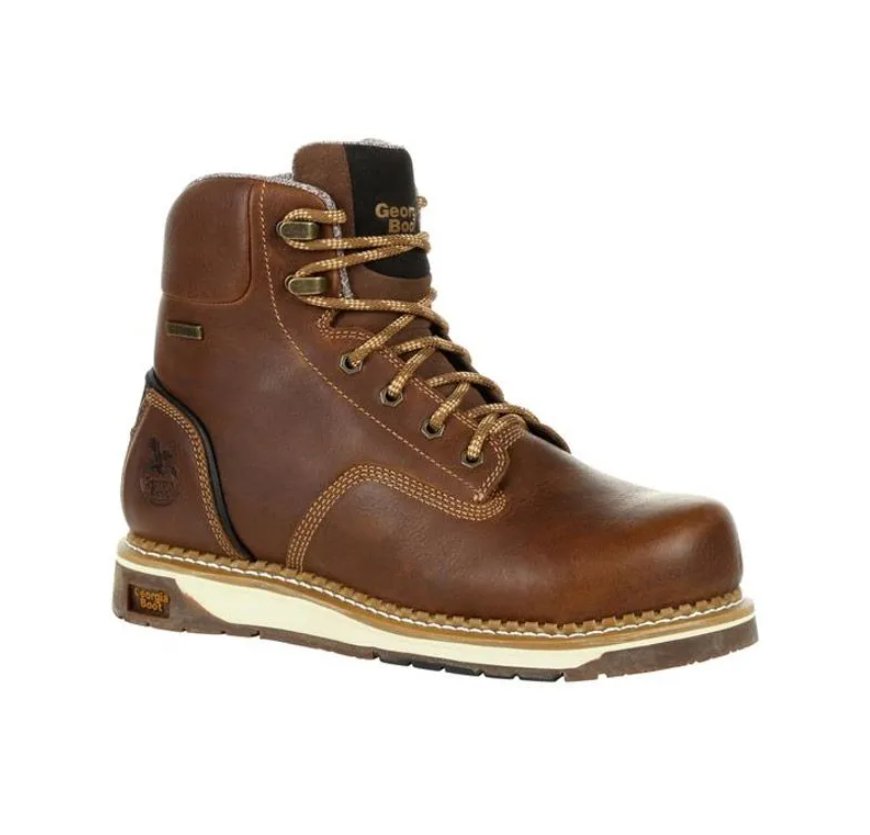 Brown leather work boot with tan laces and thick white sole, shown in side view on a white background