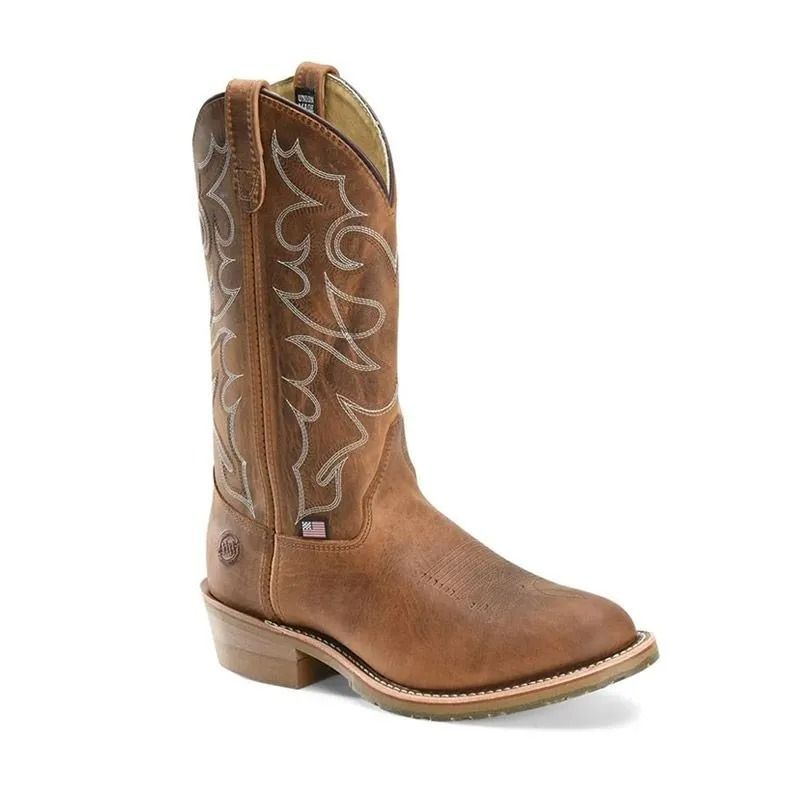 Brown leather cowboy boot with white stitching, side view on a white background