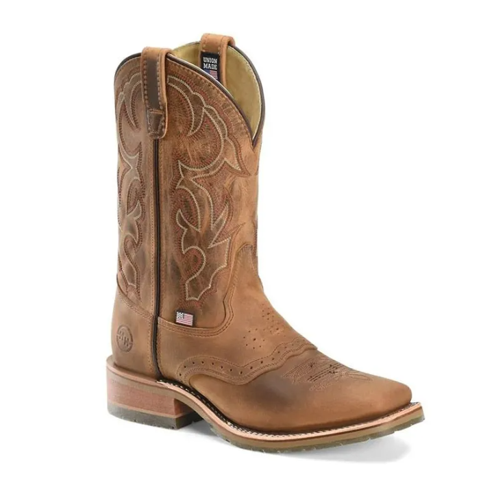 Brown cowboy boot with decorative stitching and a pointed toe on a white background