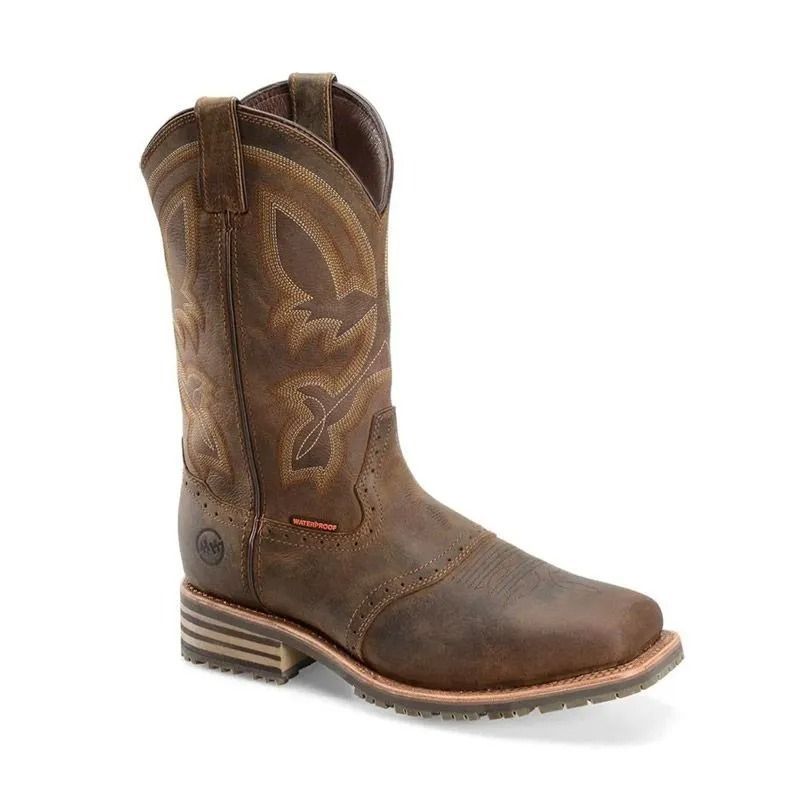 Brown leather cowboy boot with stitched detailing and low heel, shown on a white background