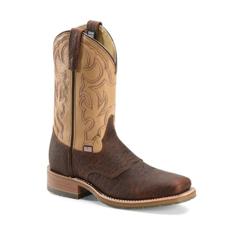 Brown leather cowboy boot with tan shaft, western stitching, and low heel on a white background