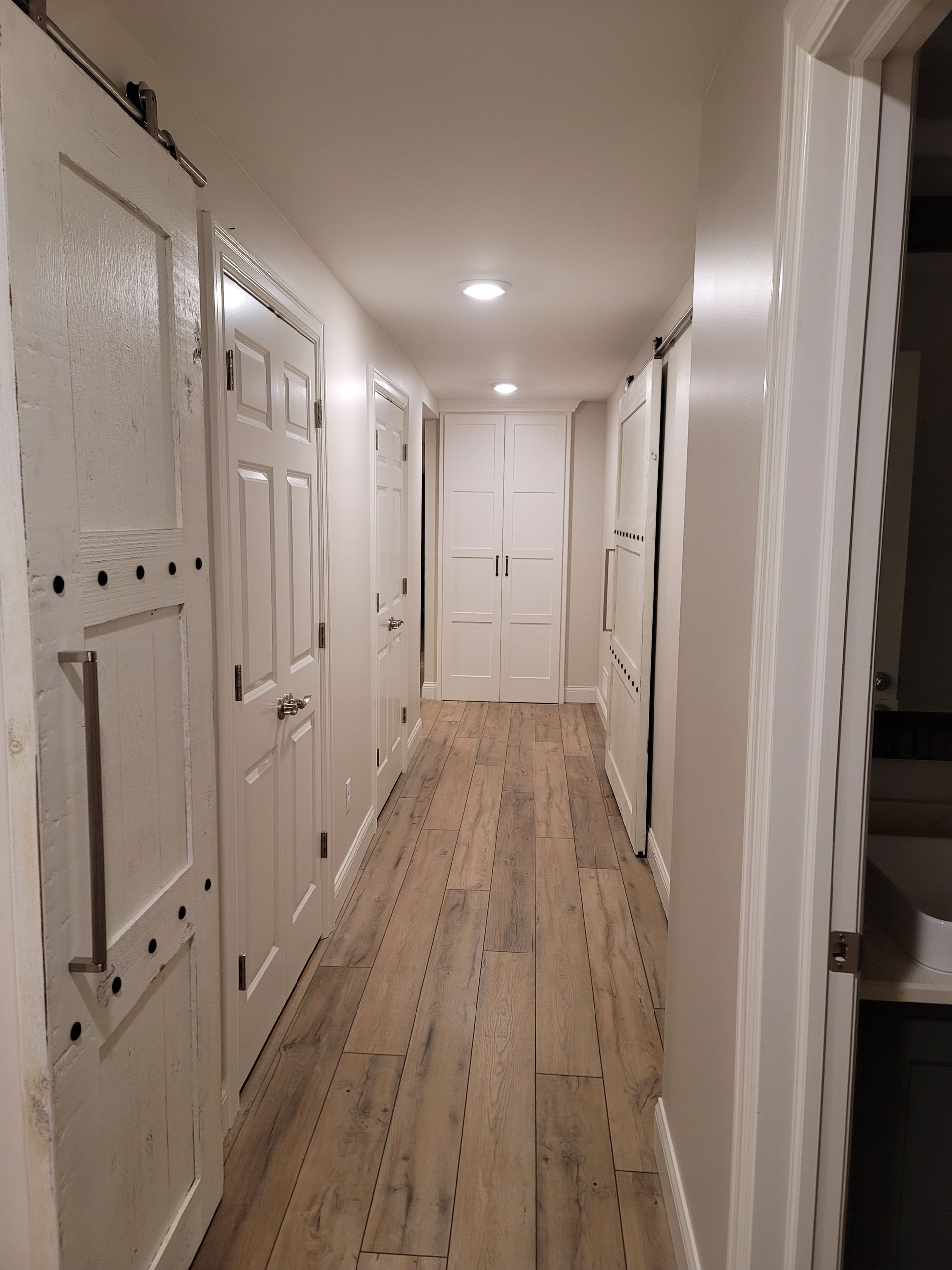 A long hallway with wooden floors and white doors.