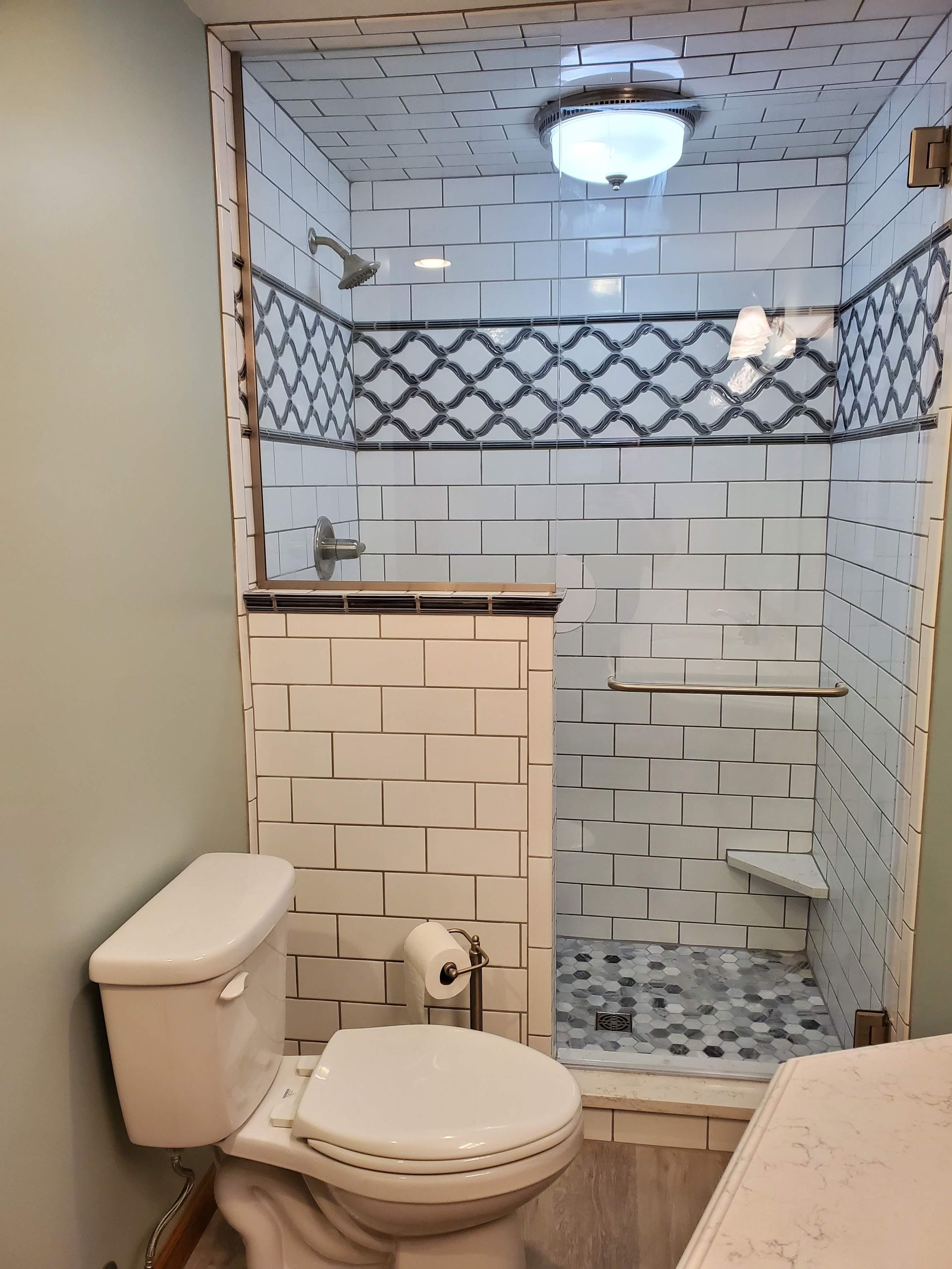 A bathroom with a toilet and a walk in shower.