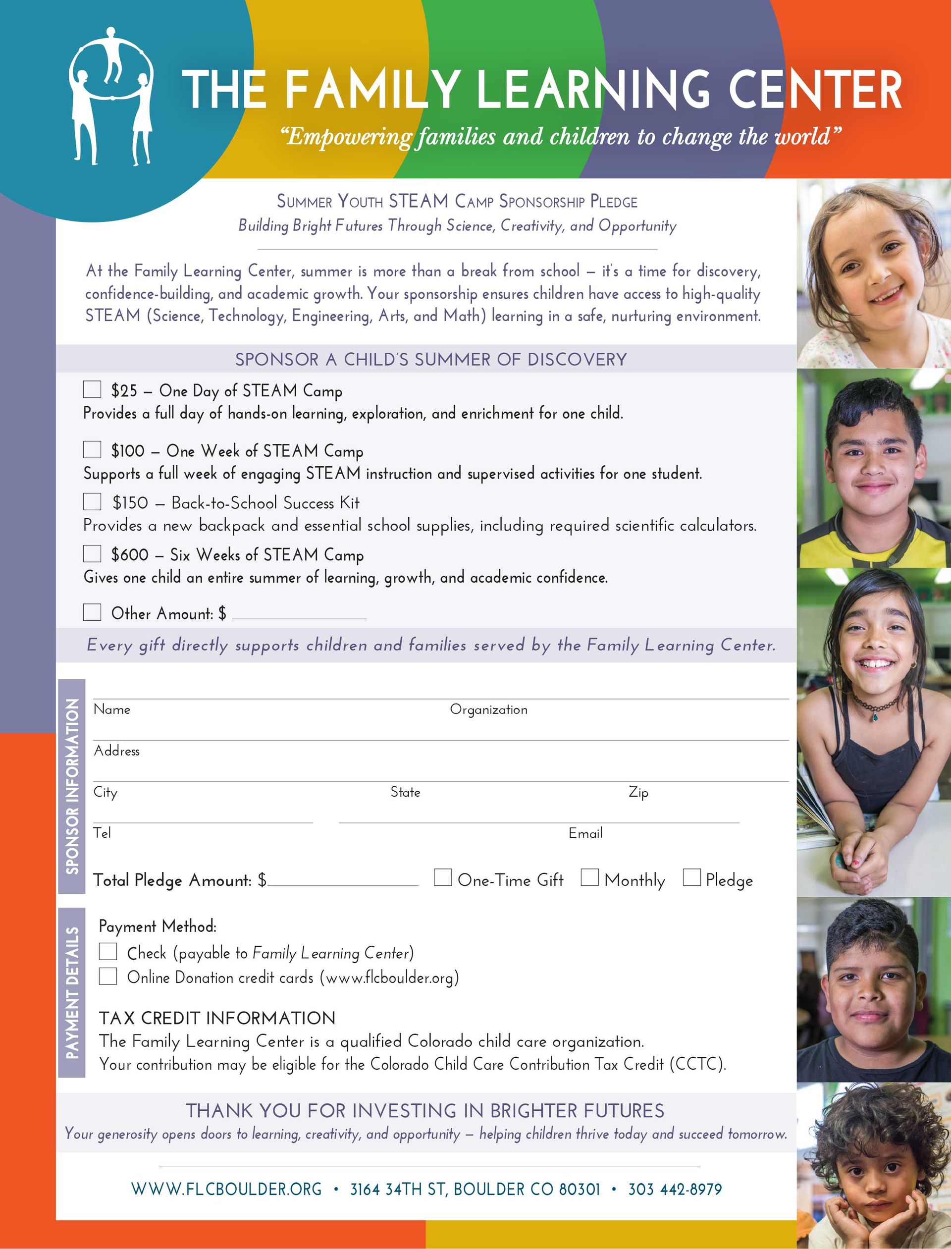 summer youth steam camp sponsorship pledge