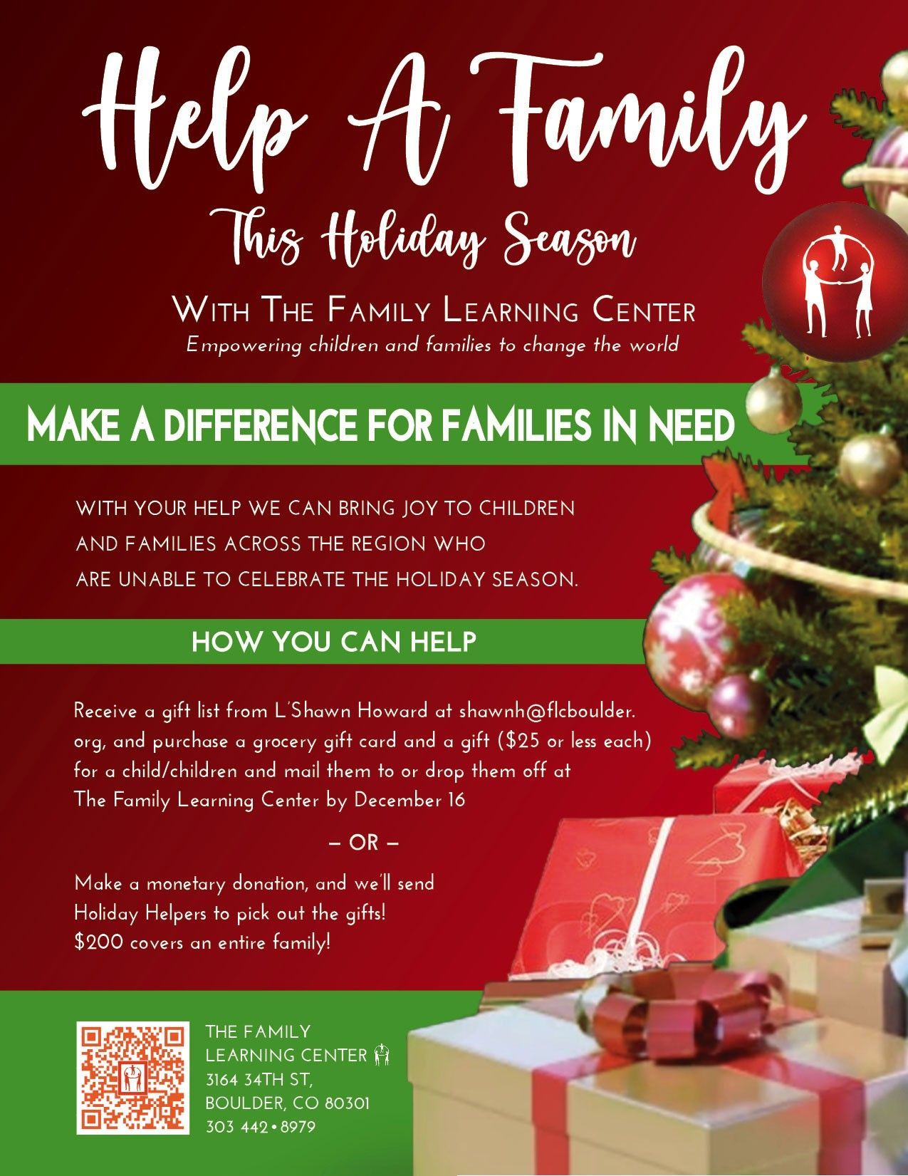 Holiday flyer: Help a family, donate gifts to The Family Learning Center. Green, red, and white text on a festive background.