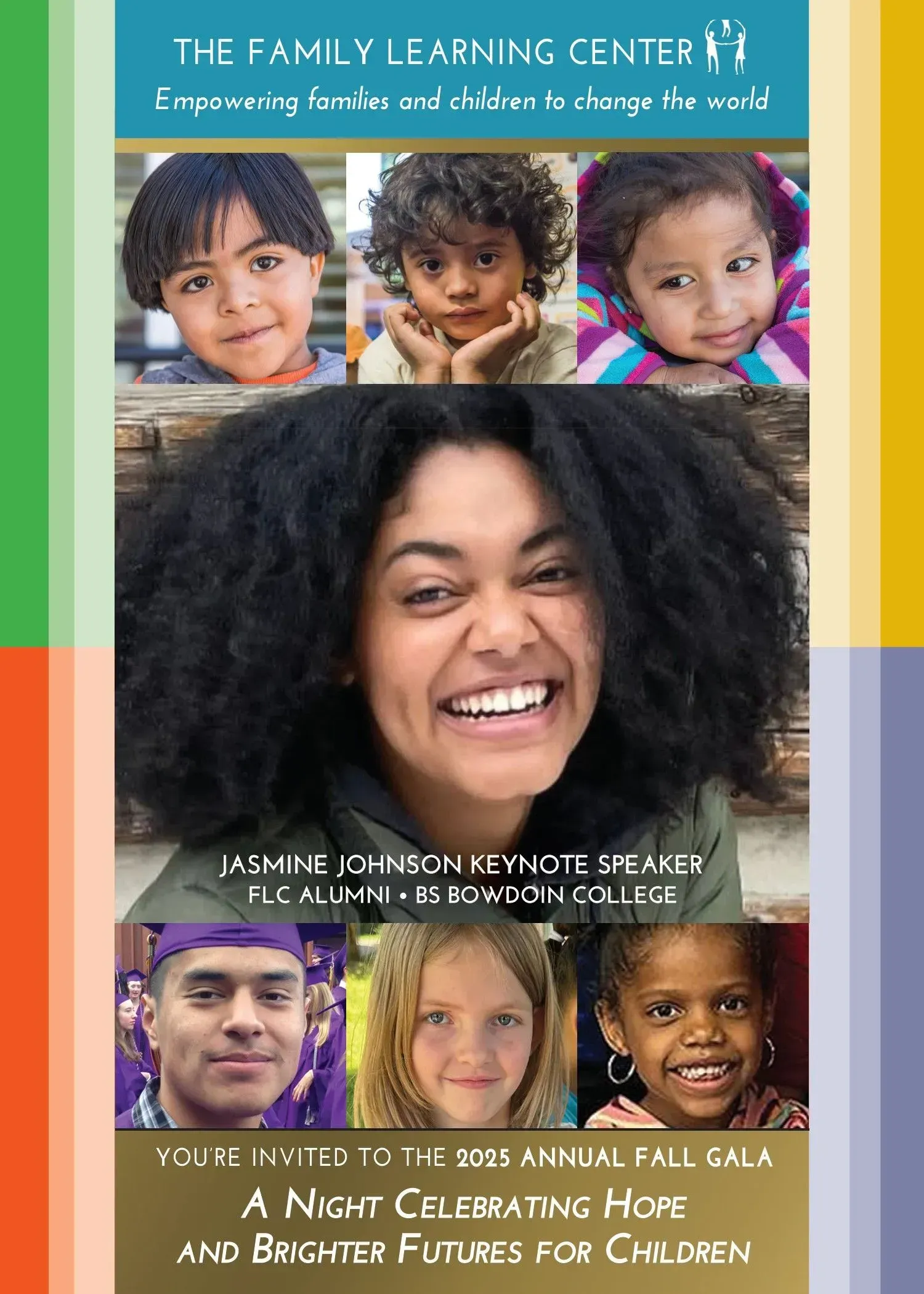 Flyer for a family learning center event, featuring children's faces, a smiling woman, and colorful stripes.