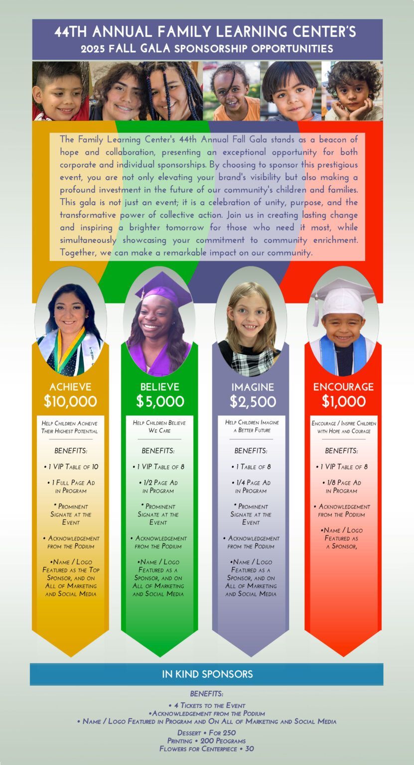 Poster for the 44th Annual Family Learning Centers, featuring scholarships for various levels of education. Four women and children are featured, each representing a scholarship amount.