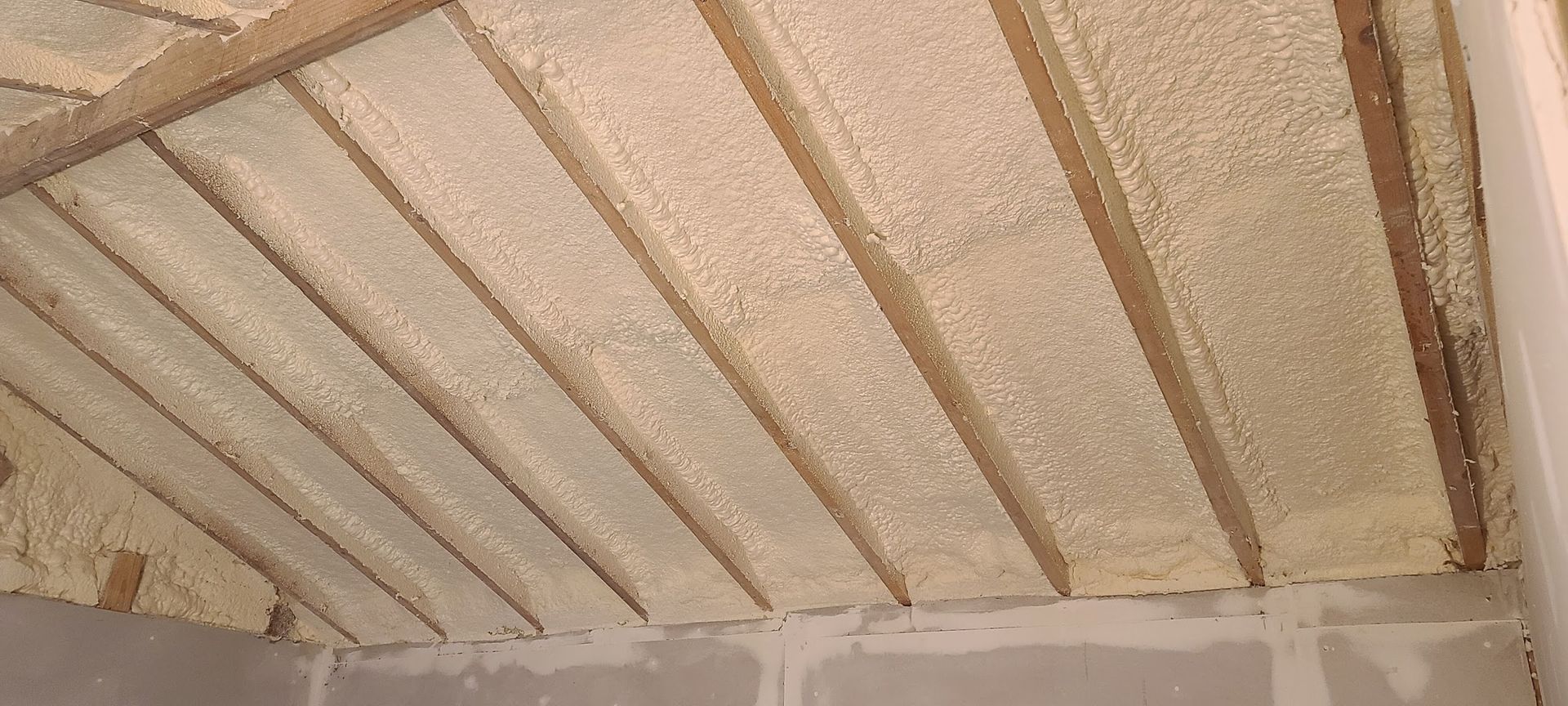 A ceiling with a lot of foam on it and wooden beams.