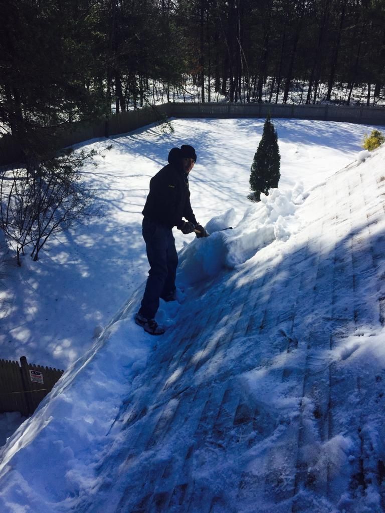Person shoveling snow on a steep blue-tinged snowy slope in a wooded yard
