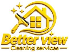 Logo for Better View Cleaning Services with yellow house, stars, and cleaning squeegee icon