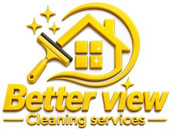 Logo for Better View Cleaning Services with yellow house, stars, and cleaning squeegee icon