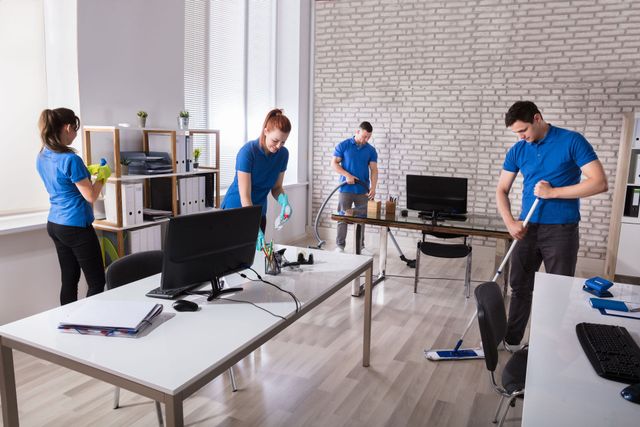 People cleaning a modern office with desks, computers, and supplies scattered around.