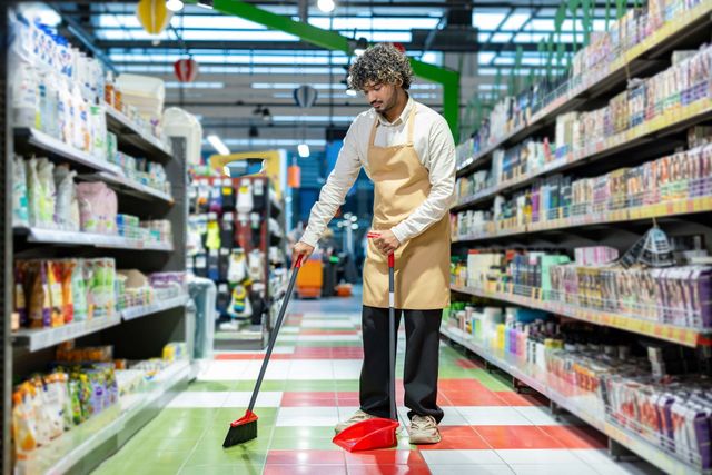 Person mopping a supermarket aisle with a red bucket and broom, surrounded by stocked shelves.