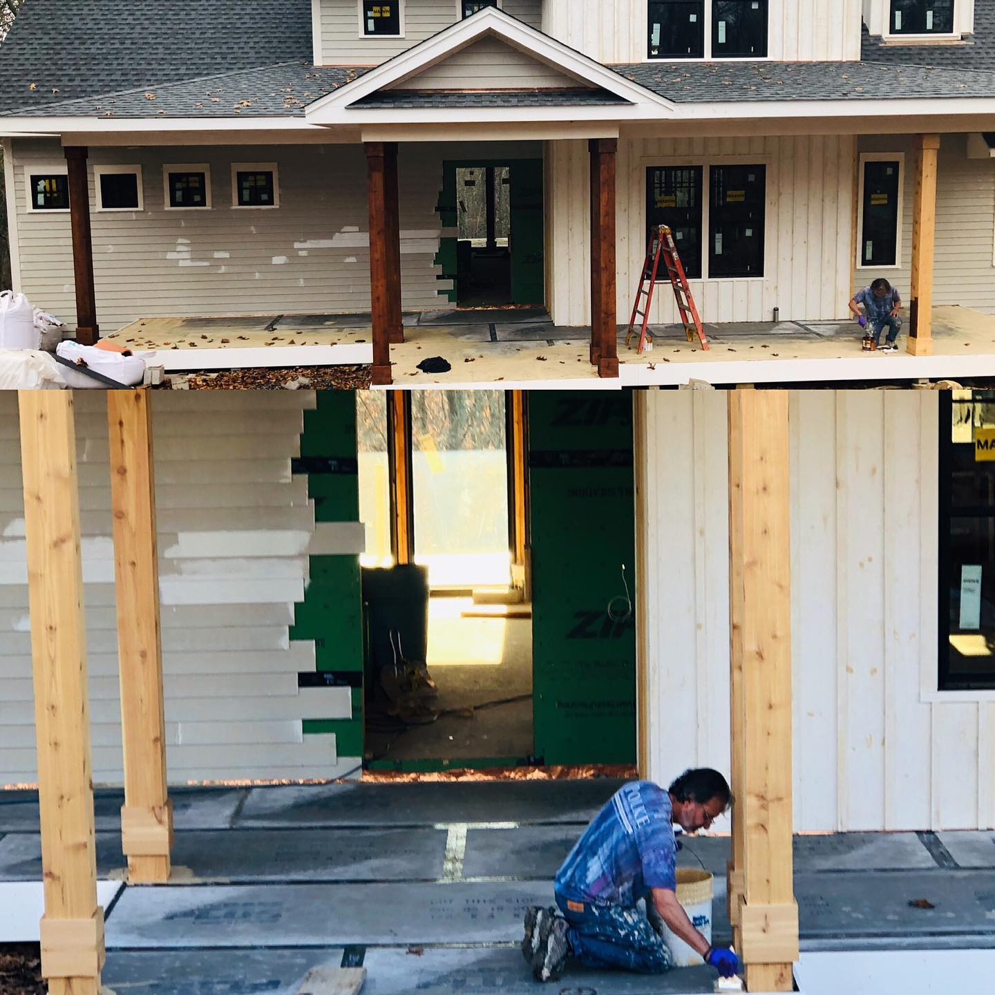 A house under construction, split view. Top section shows painting underway; the bottom section reveals the finished white siding and a painter at work.