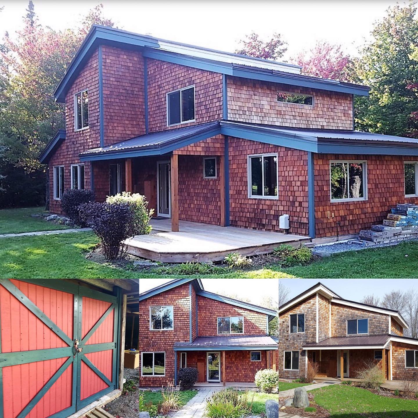 A two-story house with red cedar siding and a covered porch. Insets show the house from different angles and a red and green gate.