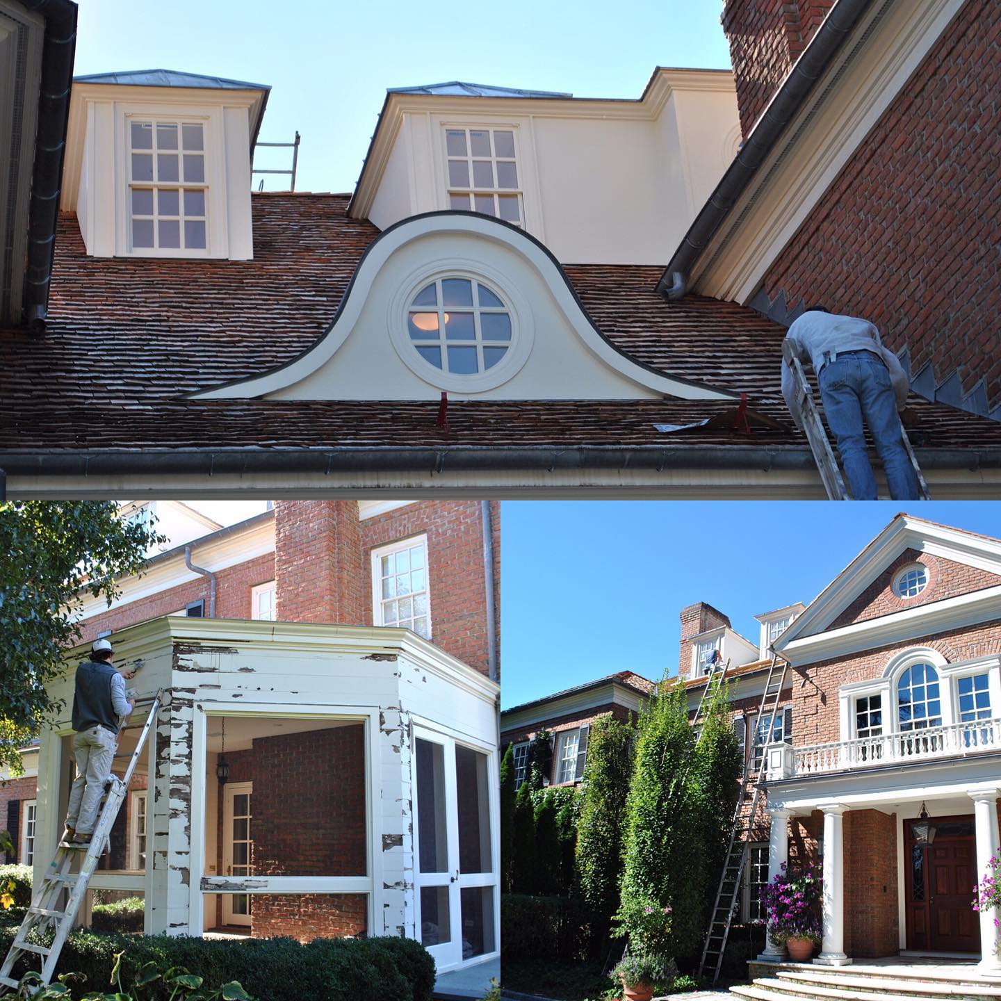 Painting a red brick building with white trim, including the roof, dormers, and porch. Workers are on ladders.