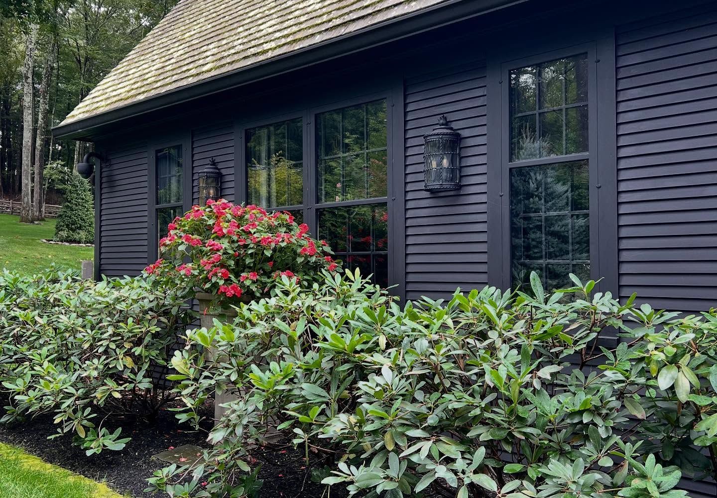 Black house exterior with dark windows, shutters, and lantern; surrounded by green bushes and grass.
