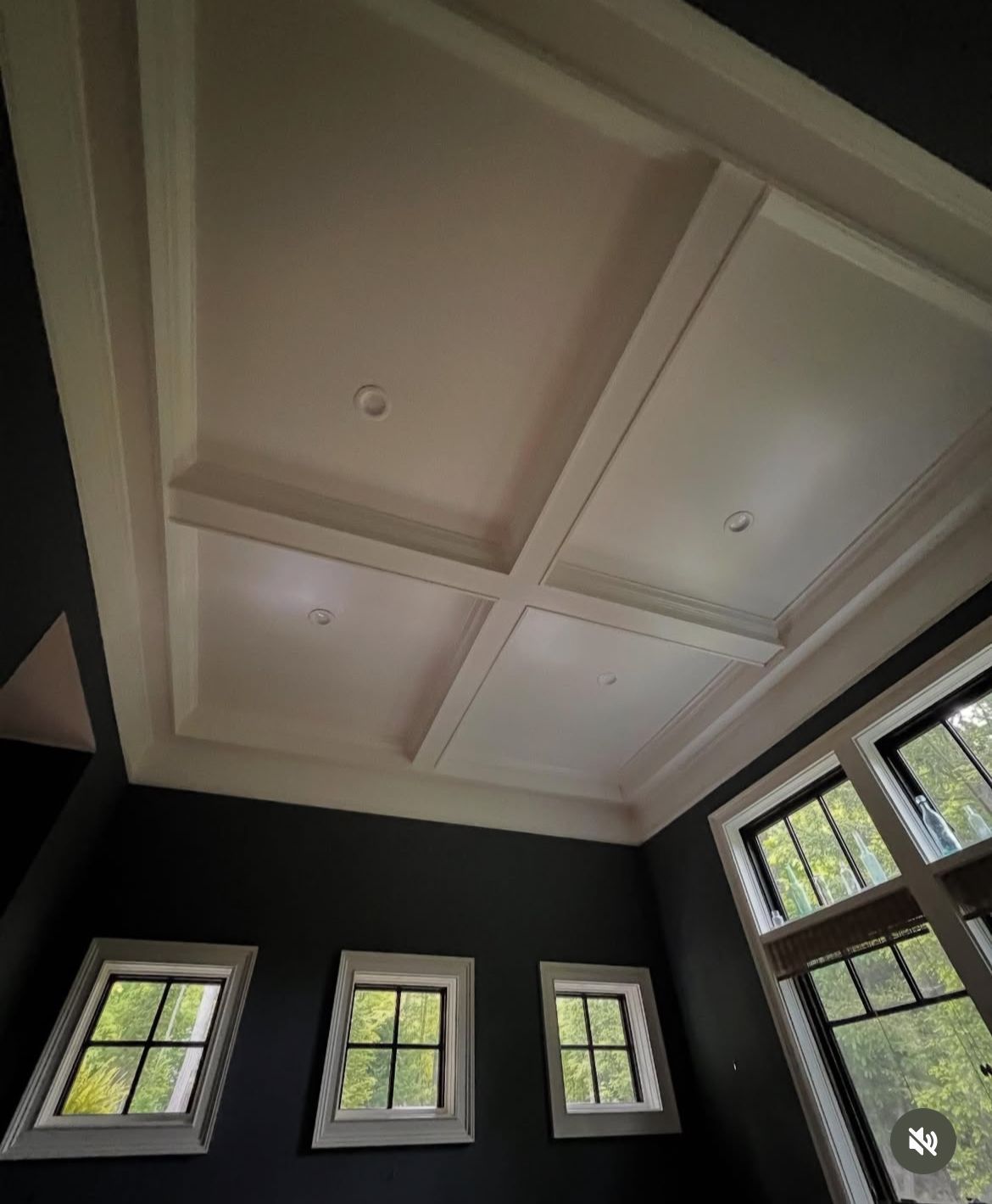 A room with a coffered ceiling and three windows