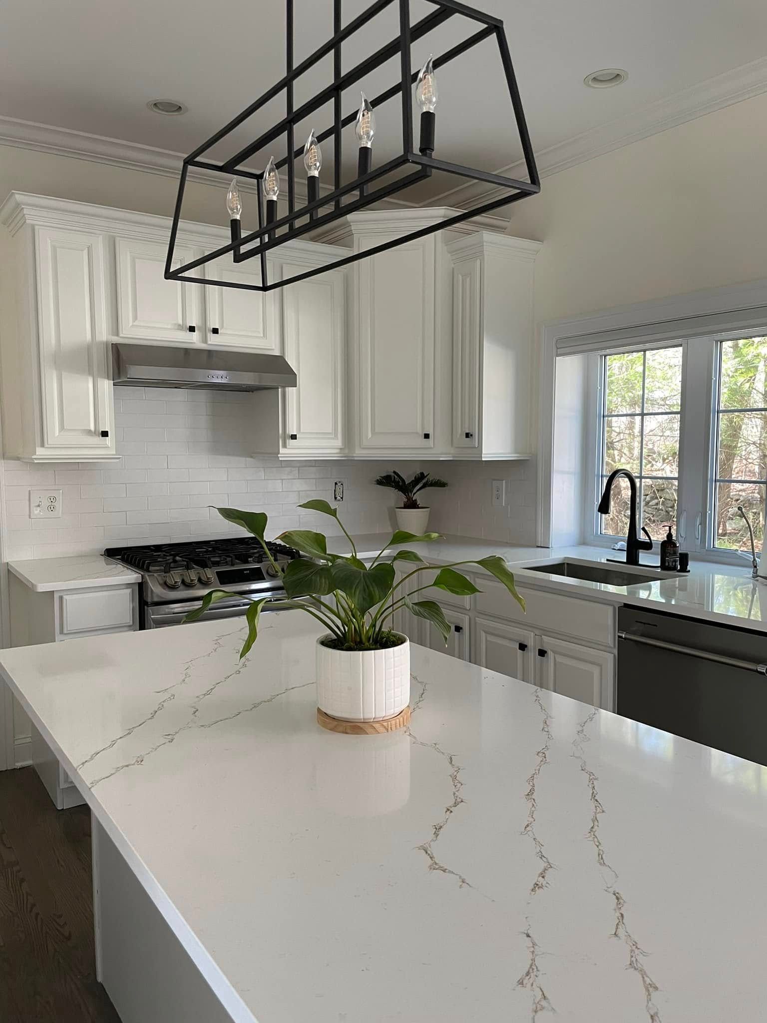 White kitchen with a large island, overhead black light fixture, and potted plant on the counter.