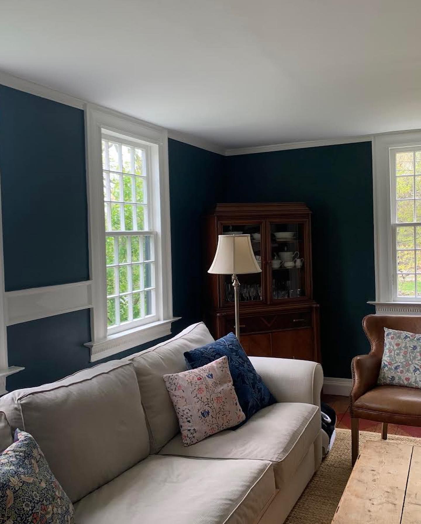 Living room with dark blue walls, white trim, beige sofa with pillows, and a wooden cabinet.