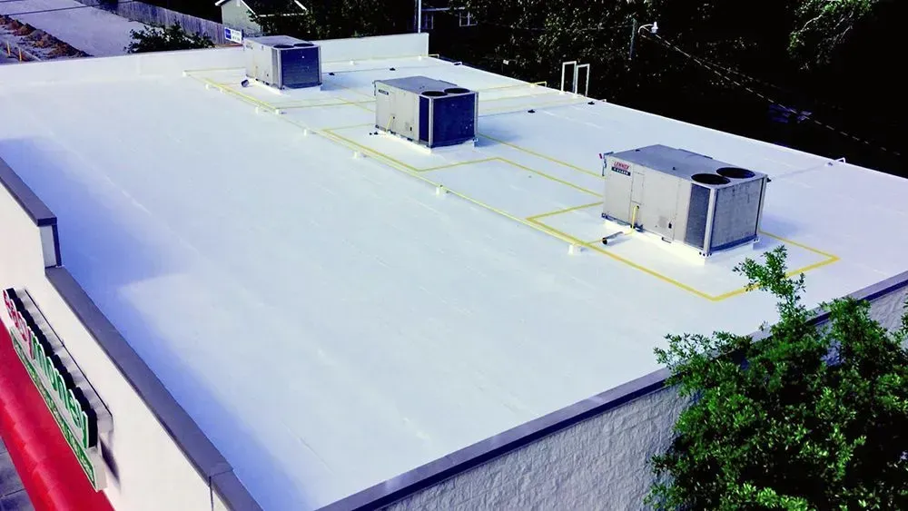 Rooftop with white coating, small HVAC units, and surrounding trees visible at the edge