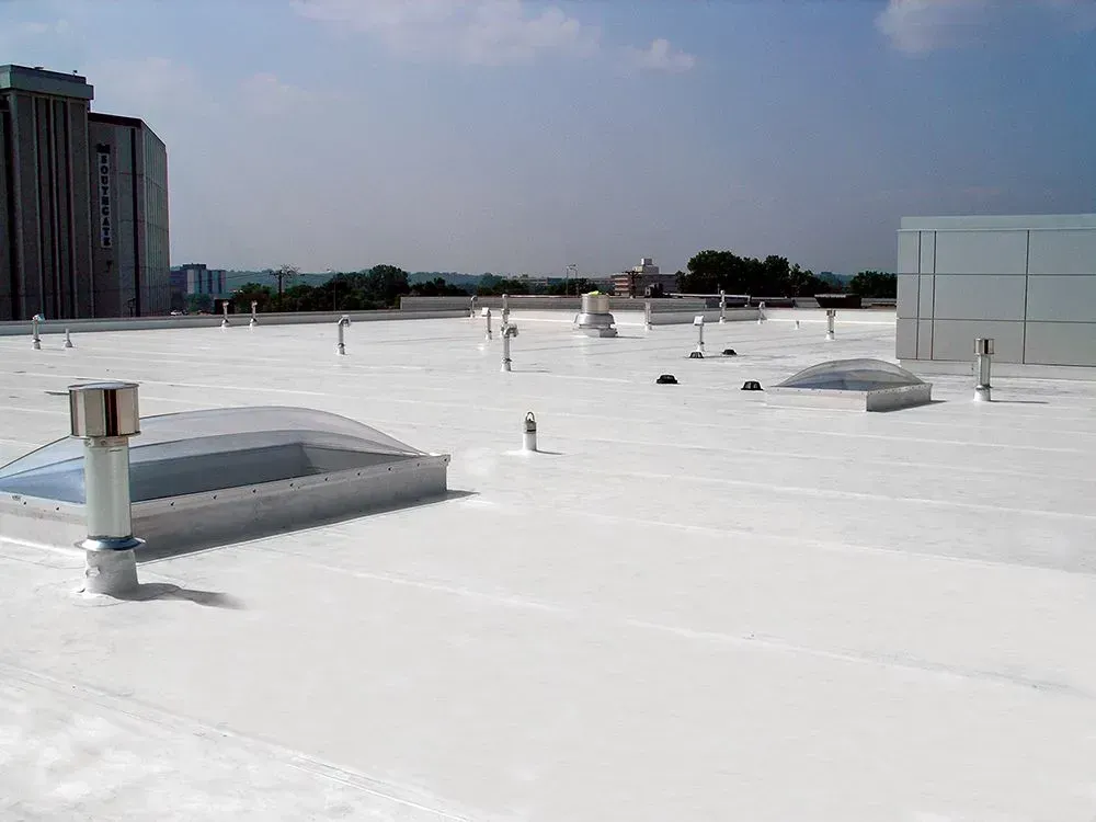 White flat rooftop with several skylights and vents under a clear sky