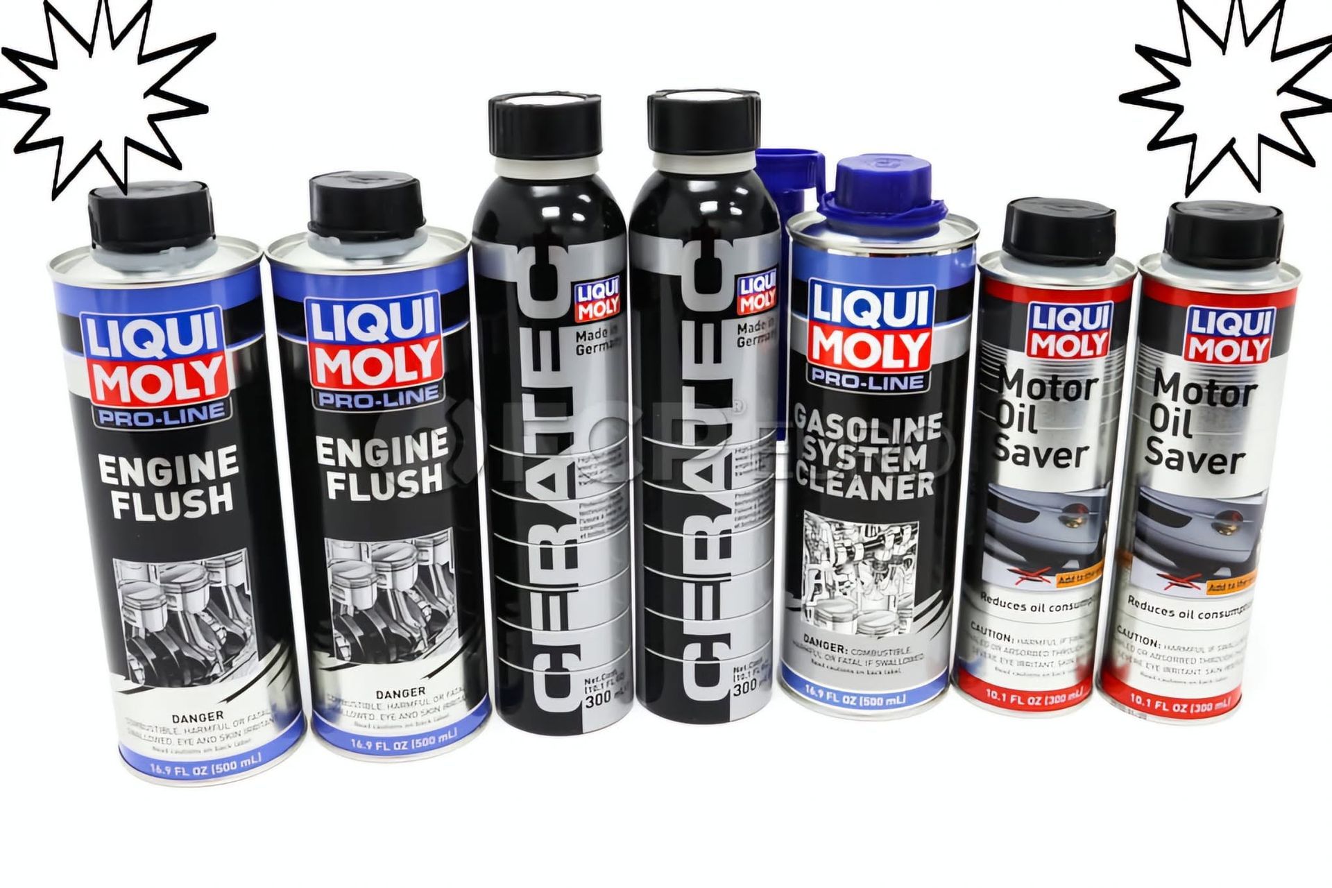 Assorted Liqui Moly car care bottles on white background, including engine flush, ceramic, and motor oil saver products
