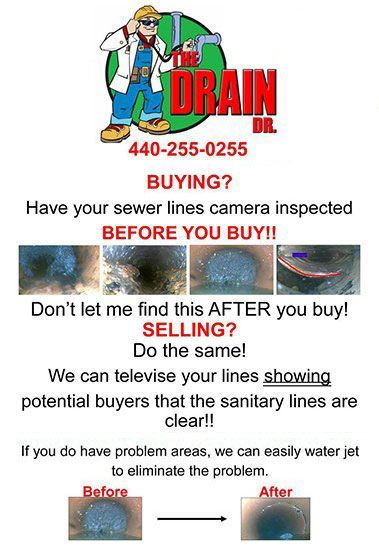 Drain cleaning ad with plumber cartoon, clogged pipe photos, and warning to inspect sewer lines before buying or selling a home